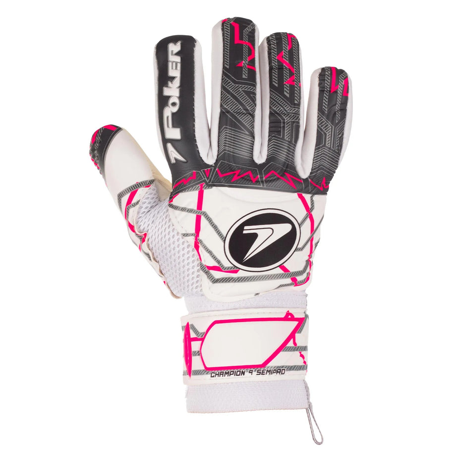 Poker Luva Goleiro Semi Pro Champion 9 — Branco/Preto/Rosa - BCR
