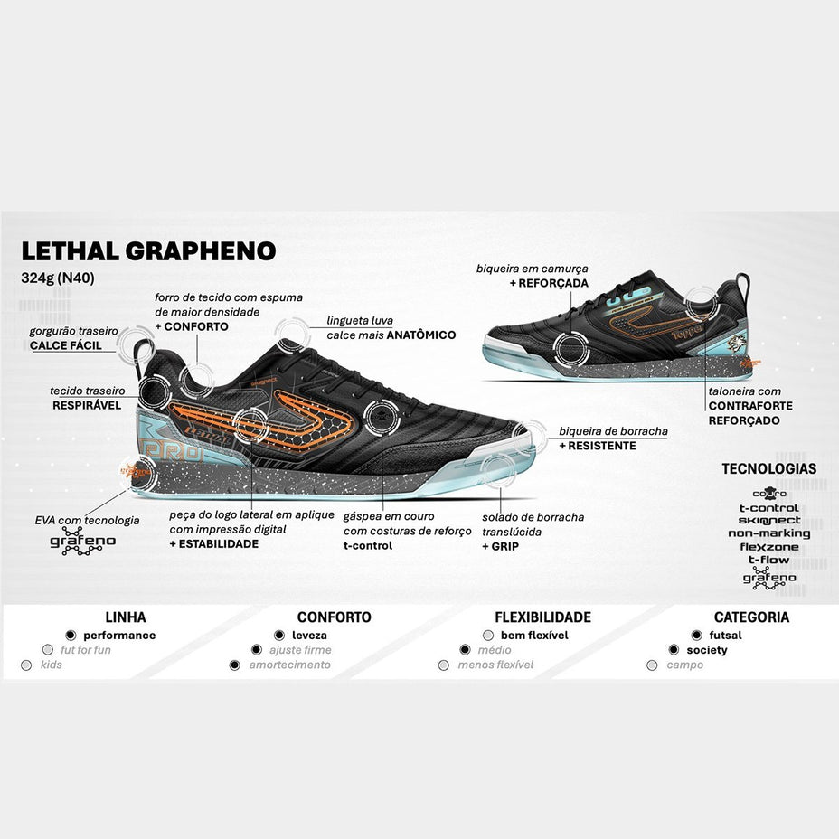 Topper Chuteira Lethal Grafeno Futsal — Preto/Laranja/Azul - .