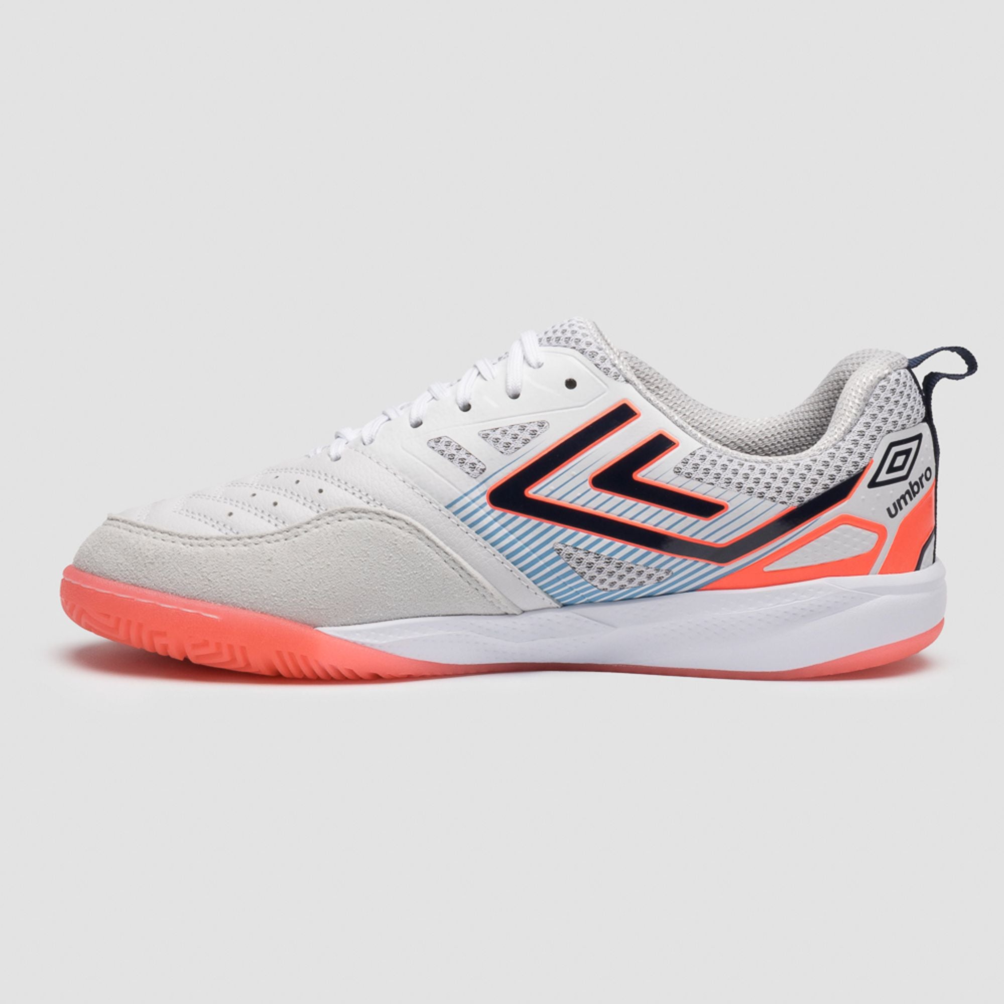Umbro Chuteira Futsal  Pro 5 Bump — Branco/Coral/Mescla Magenta